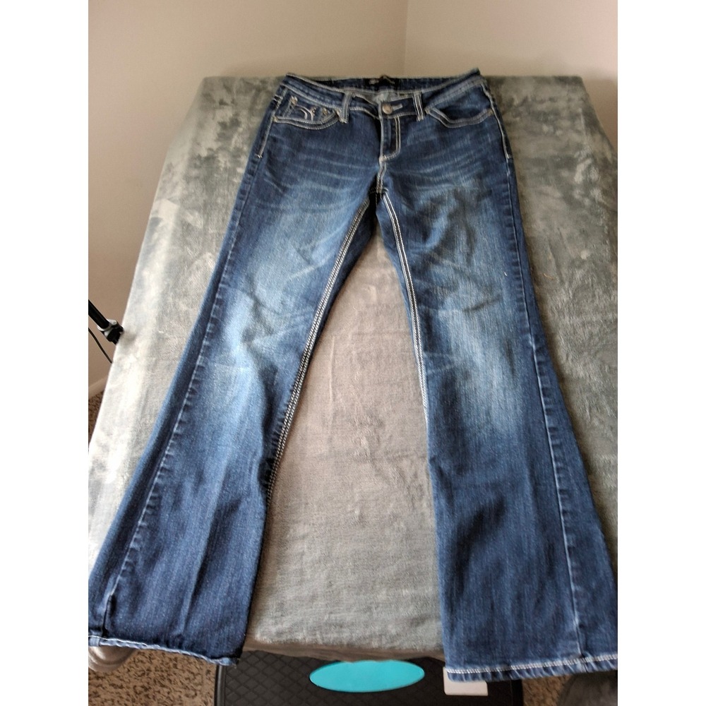 Love Nation Womens Bootcut Jeans Size 10 Dark Wash Embellished Cross Pocket 31x8